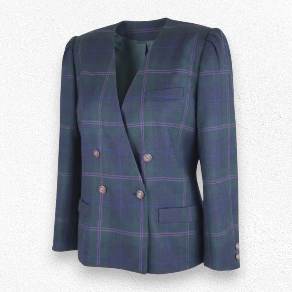 80s Vintage Black Purple Plaid Double Breasted Retro Sasson Power Blazer Size 14